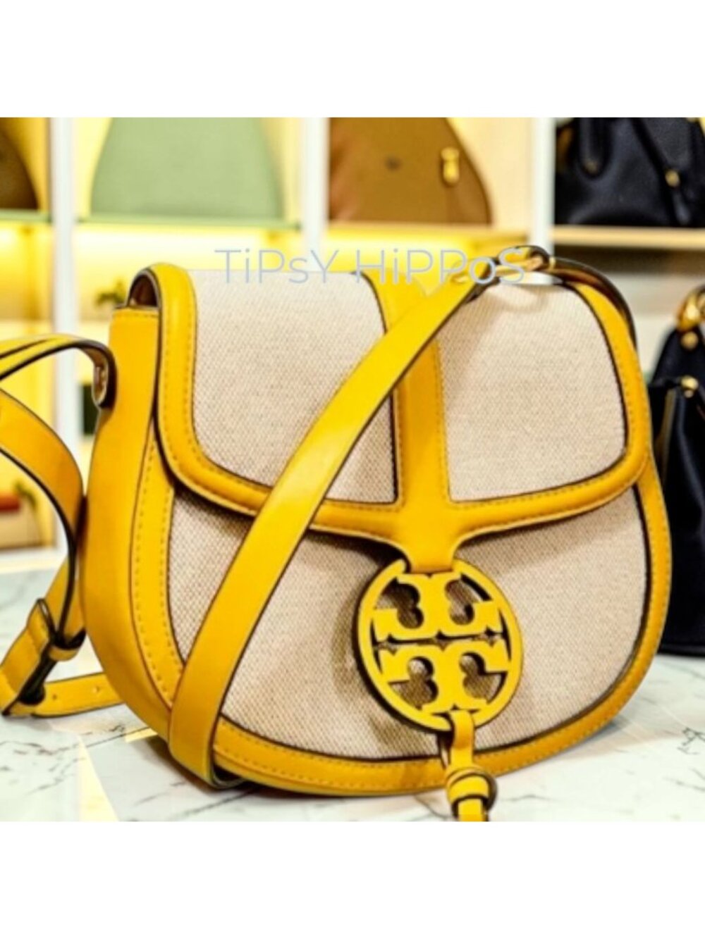 Tory Burch Miller Canvas & Leather Saddle Bag Yellow/Natural Crossbody - Picture 10 of 10